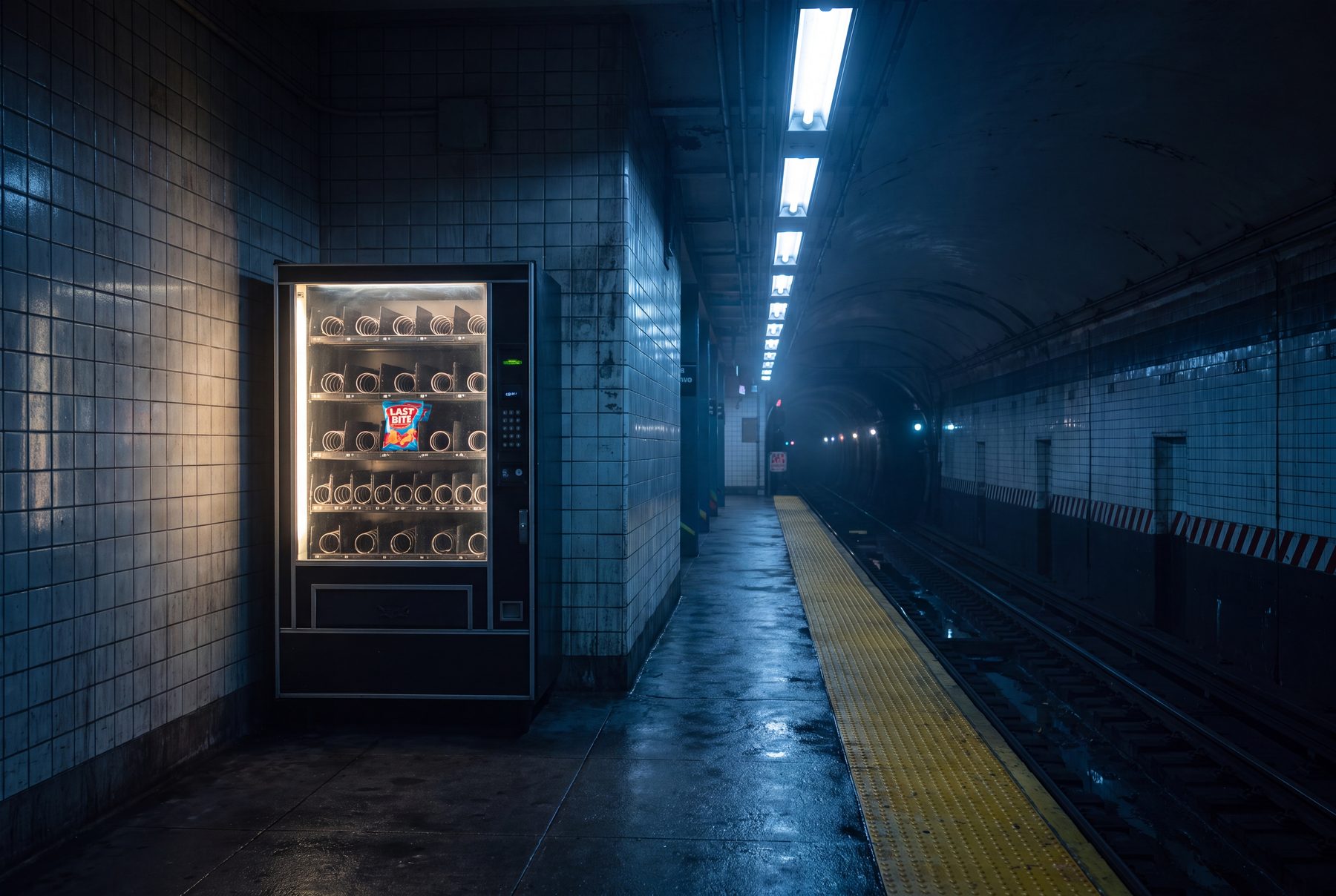 Empty subway platform with a lit vending machine